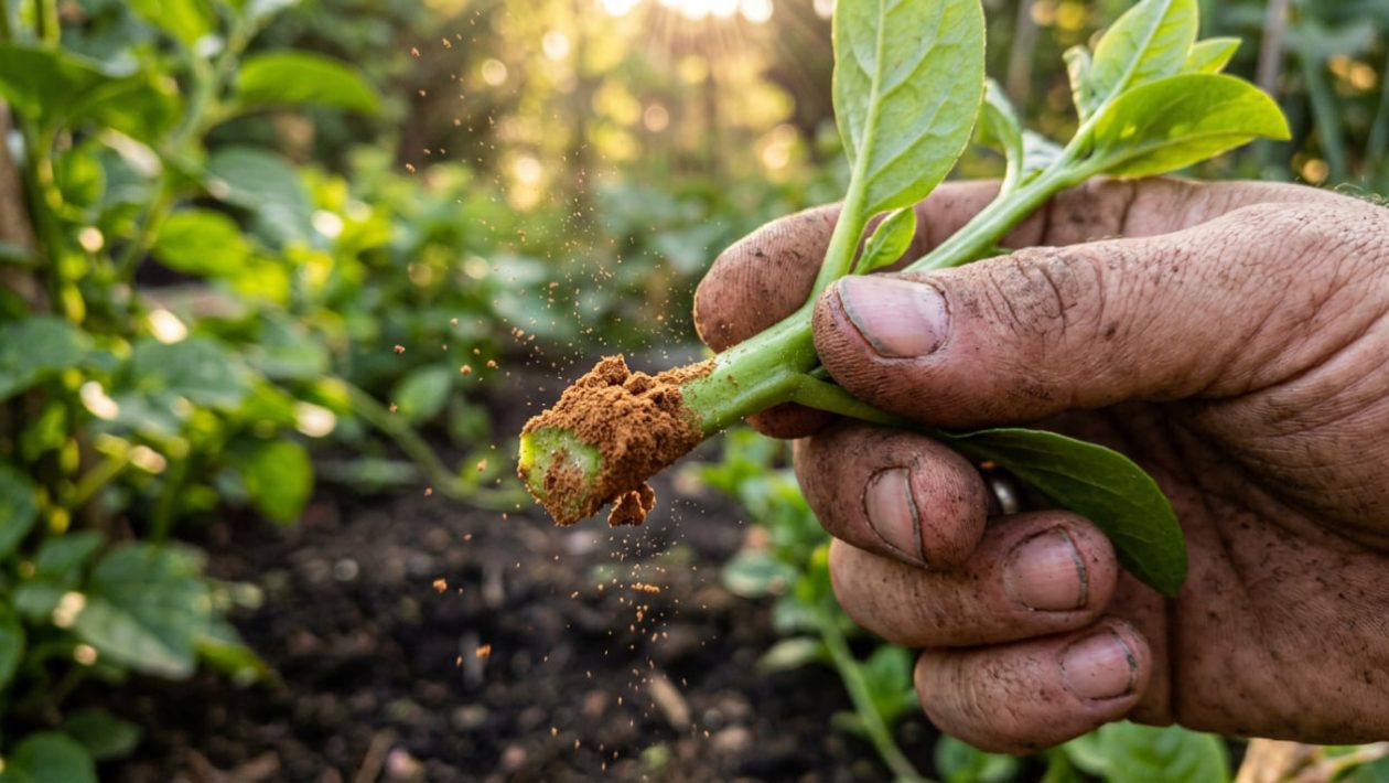 Ein grüner Pflanzensteckling, dessen Ende dick in braunes Zimtpulver getaucht wurde, gehalten von einer Gärtnerhand im Sonnenlicht.