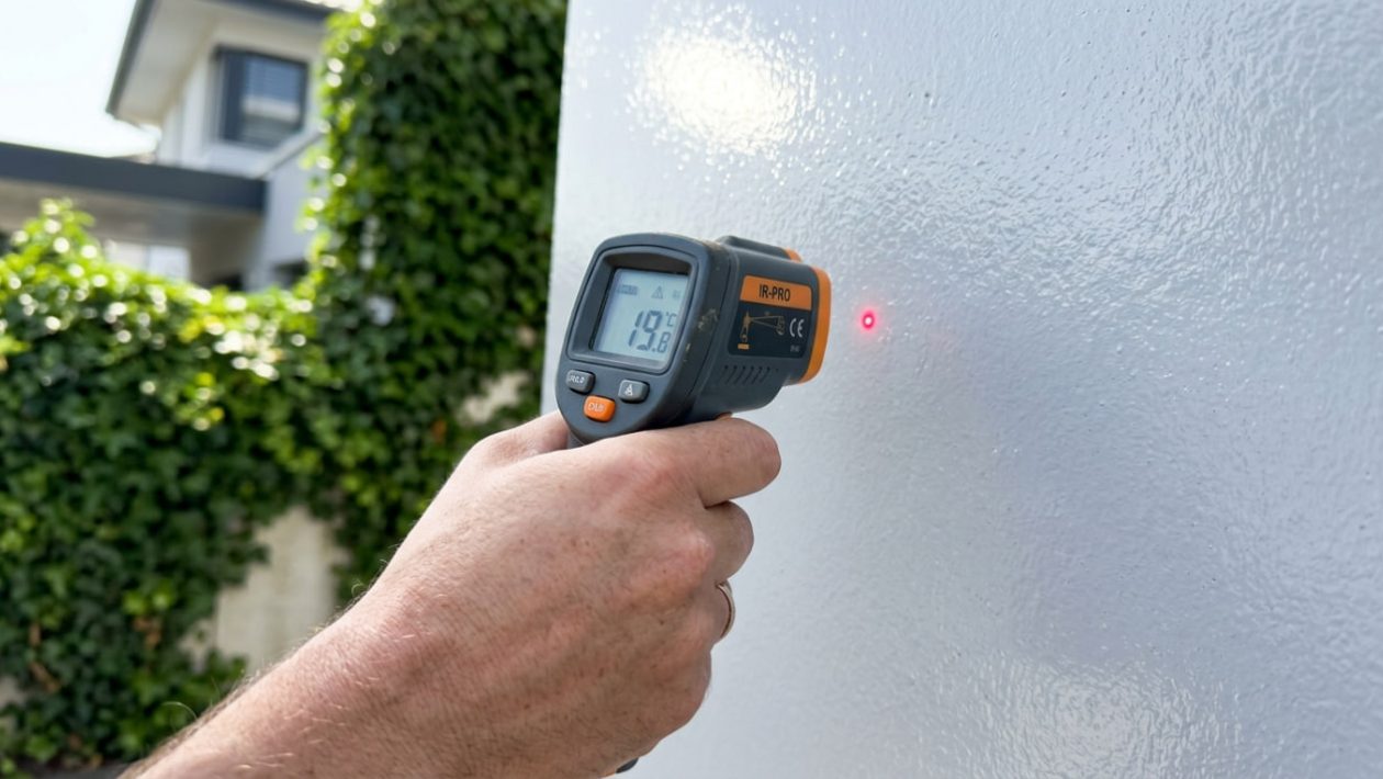 Ein Hausbesitzer misst mit einem Infrarot-Thermometer die kühle Temperatur einer strahlend weißen, sonnenbeschienenen Hausfassade.