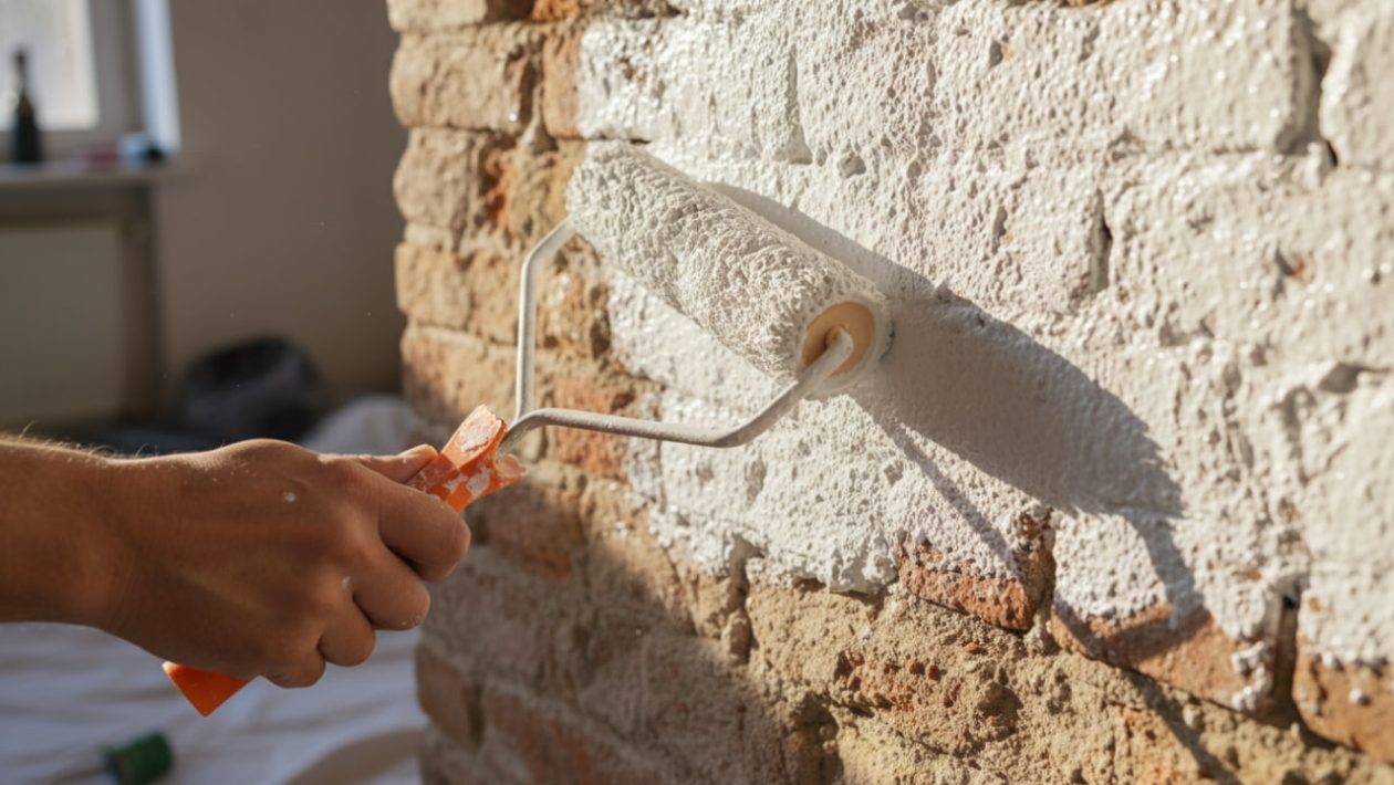 Eine Hand streicht weiße, matte Mineralfarbe mit einer Rolle auf eine raue Altbauwand im Sonnenlicht.