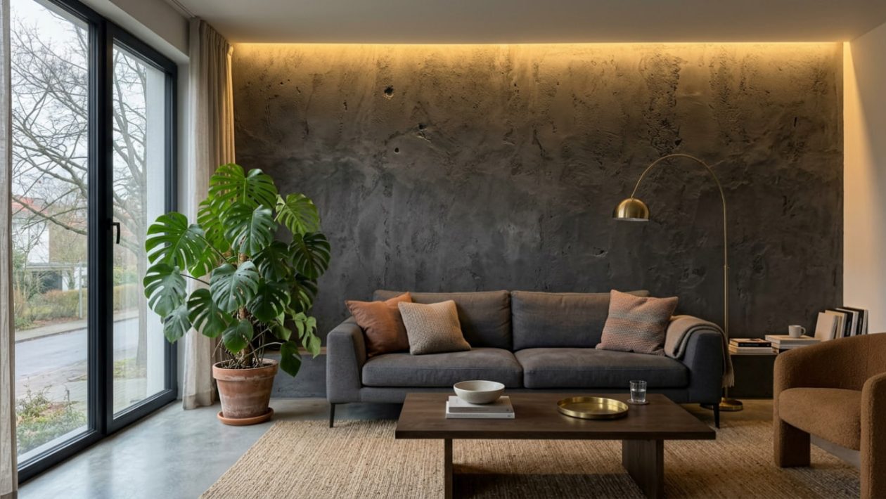 Ein luxuriöses Wohnzimmer mit einer dunkelgrauen Akzentwand in Beton-Optik, die von warmem LED-Licht angestrahlt wird.