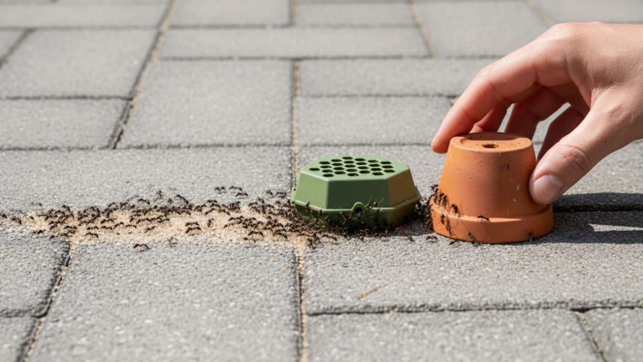 Eine Ameisenstraße auf einer Steinterrasse, auf der eine grüne Bio-Köderdose und ein kleiner Tontopf platziert werden.