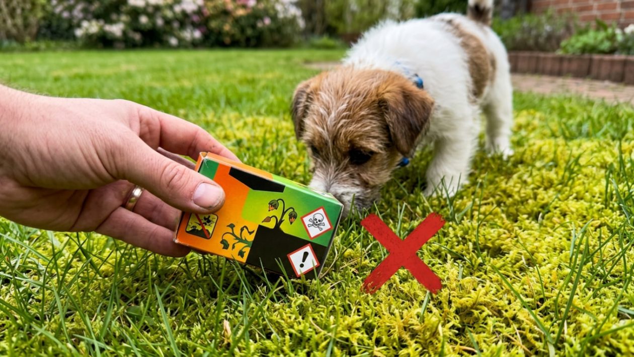 Ein Hund schnüffelt an einem stark vermoosten Rasen, während eine Hand eine giftige Schachtel mit Moosvernichter hält.