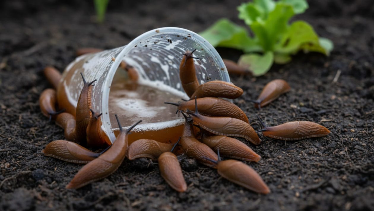 Zahlreiche Nacktschnecken kriechen in der Dämmerung auf einen im Gartenboden eingegrabenen Becher mit Bier zu.