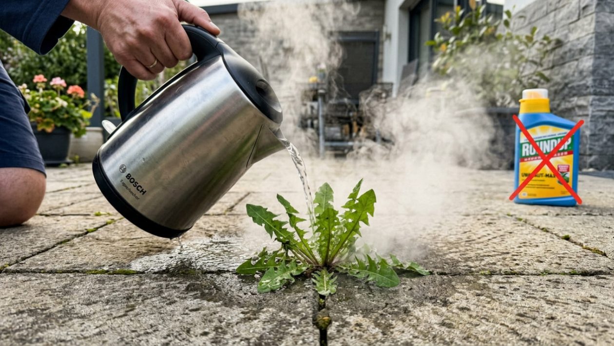 Jemand gießt kochendes Wasser aus einem Wasserkocher auf ein Unkraut in den Fugen einer Steinterrasse.