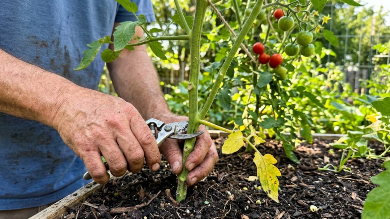 Eine Gärtnerhand schneidet mit einer Schere ein gelbes Blatt vom unteren Stamm einer Tomatenpflanze ab.