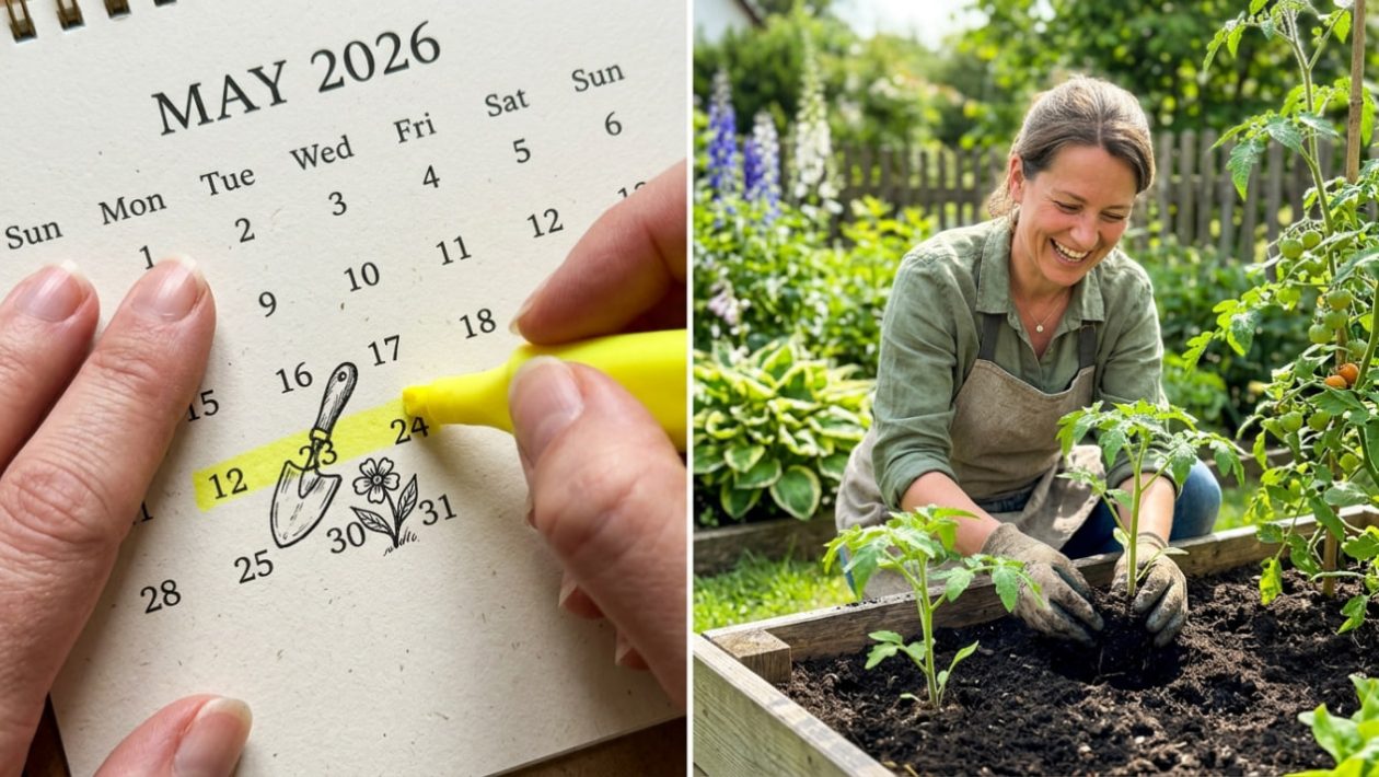 Ein Kalender für 2026, in dem Brückentage im Mai gelb markiert sind, daneben ein sonniger Garten mit einem bepflanzten Hochbeet.