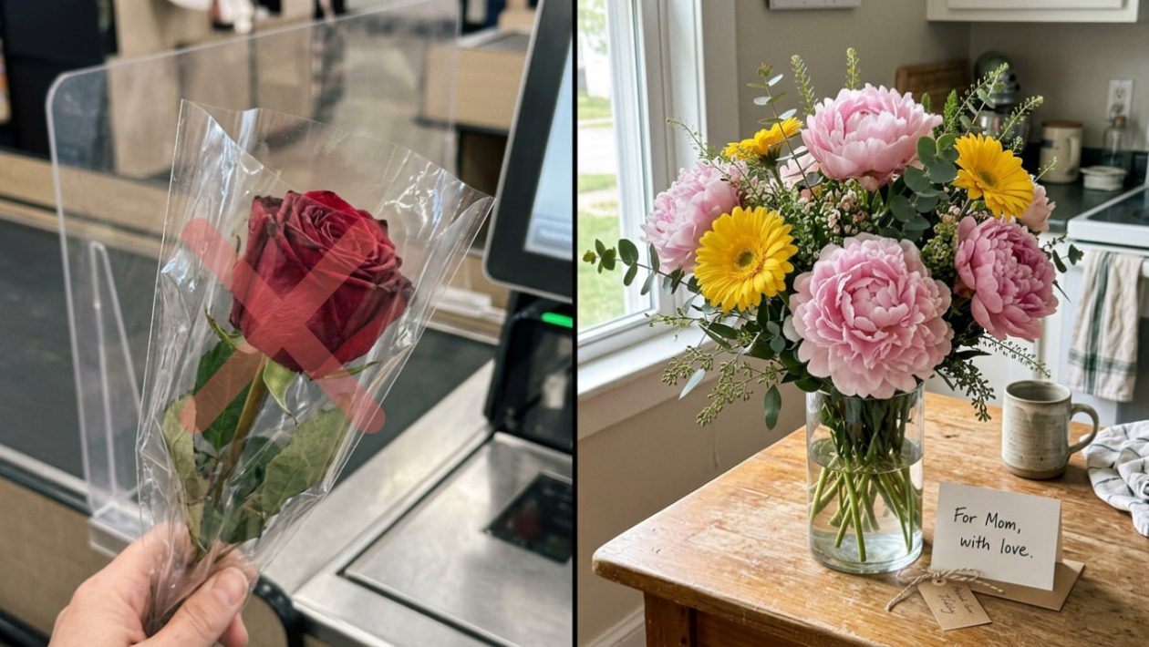 Ein Vergleich zwischen einer billigen roten Rose in Plastikfolie und einem prächtigen Strauß aus rosa Pfingstrosen und Gerberas auf einem Holztisch.