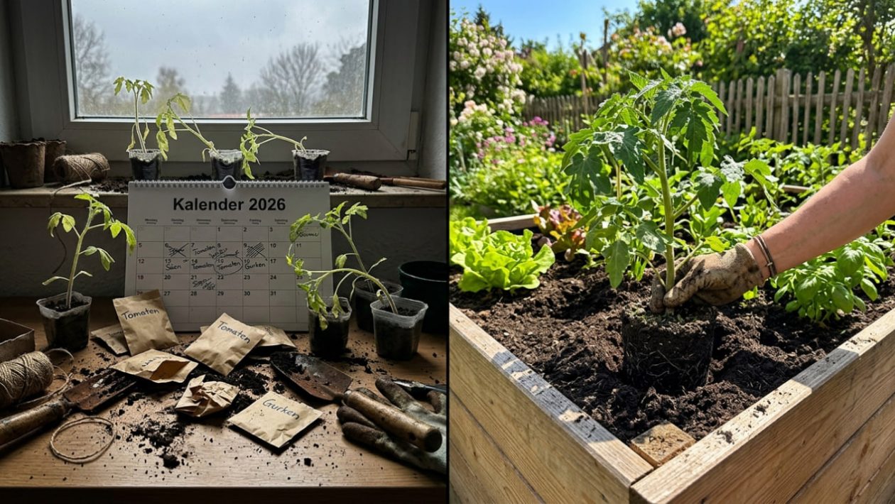 Ein Kalender für 2026 auf einem Tisch mit schwachen Setzlingen, daneben ein Gärtner, der eine gesunde Tomatenpflanze im Mai ins Beet setzt.