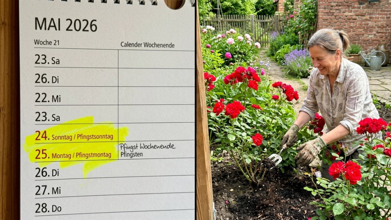 Ein Kalender für Mai 2026, in dem das Pfingstwochenende markiert ist, daneben ein Gärtner, der an einem sonnigen Tag Rindenmulch unter blühenden Rosen verteilt.