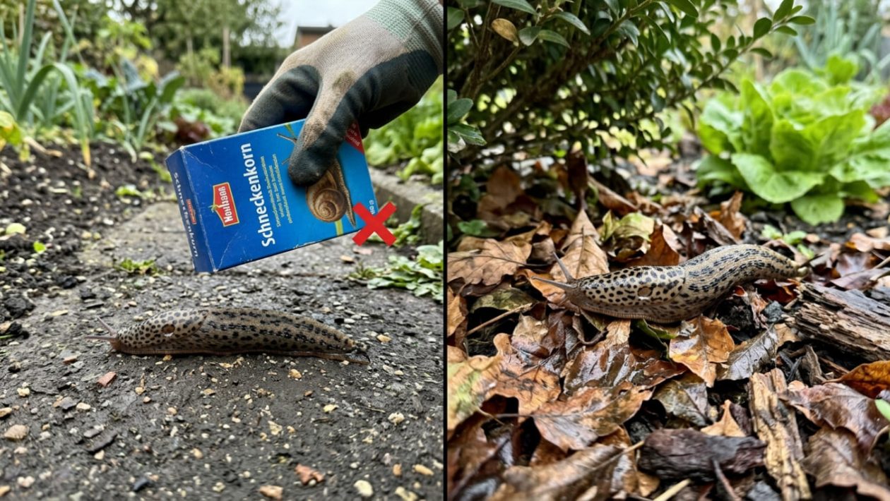 Ein großer, gefleckter Tigerschnegel wird auf der einen Seite fälschlicherweise bekämpft und krabbelt auf der anderen Seite als Nützling durch nasses Laub.