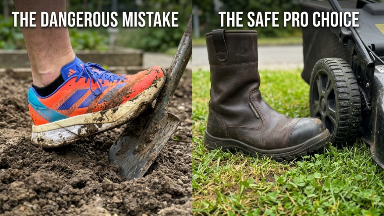 Ein dicker Marathon-Laufschuh versinkt beim Graben im Schlamm, daneben steht ein sicherer Arbeitsschuh stabil auf dem Rasen.