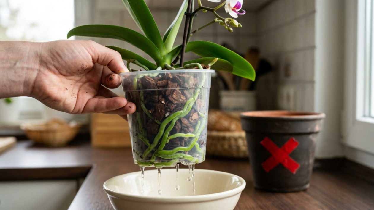 Eine Gärtnerhand hebt einen durchsichtigen Orchideen-Topf mit grünen, gesunden Wurzeln aus einem Wasserbad.