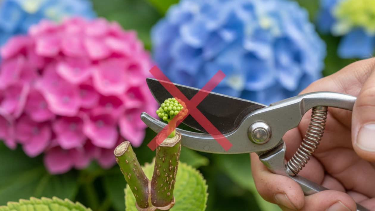 Eine Gärtnerhand hält eine Schere bedrohlich nah an eine grüne Knospe am Ende eines Hortensien-Zweigs.