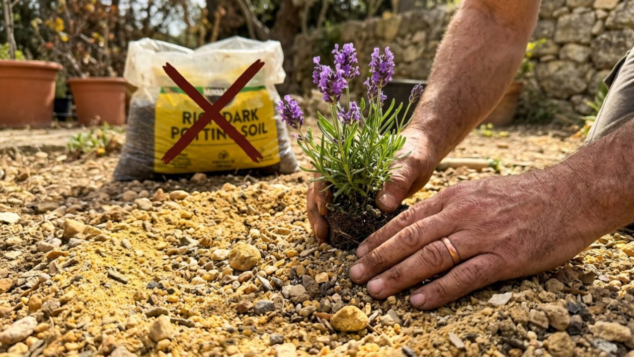 Eine Gärtnerhand pflanzt Lavendel und mischt dafür trockenen Sand und kleine Steine in die Erde.