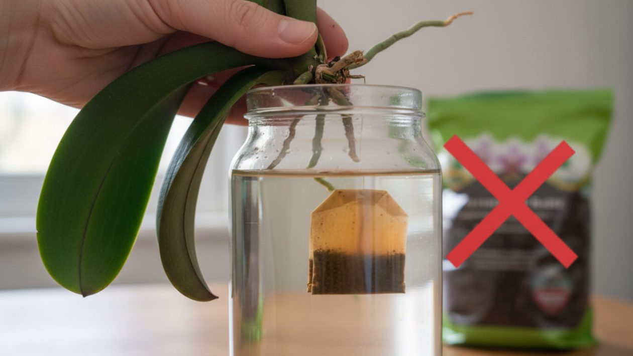Eine schlaffe Orchidee ohne Wurzeln wird über ein Wasserglas mit schwarzem Tee gehalten, um neue Wurzeln zu bilden.