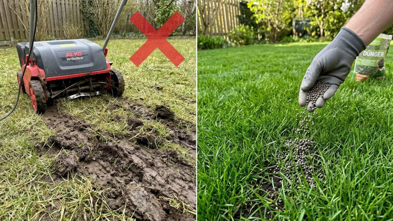Ein durch tiefes Vertikutieren zerstörter Rasen neben einer gesunden Wiese, auf der Dünger von Hand verstreut wird.