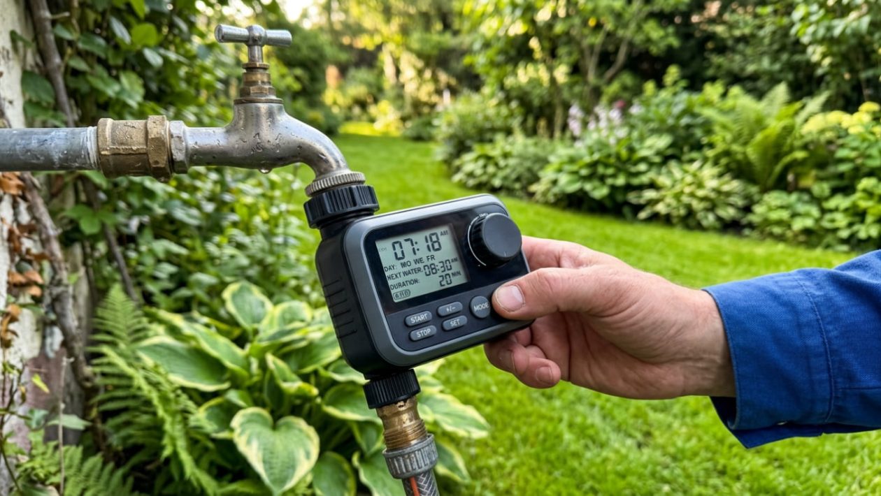 Eine Hand stellt einen digitalen Bewässerungscomputer an einem Wasserhahn im Garten ein.