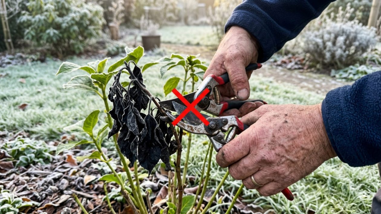 Jemand schneidet mit einer Schere die schwarzen, erfrorenen Blätter einer Pflanze ab, was ein Fehler ist.