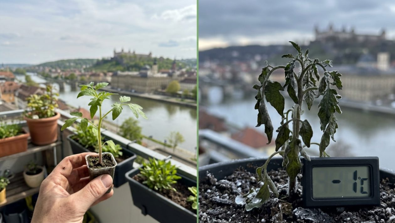 Ein sonniger Tag in Würzburg, daneben eine erfrorene Tomatenpflanze mit einem Thermometer, das minus 1 Grad anzeigt.