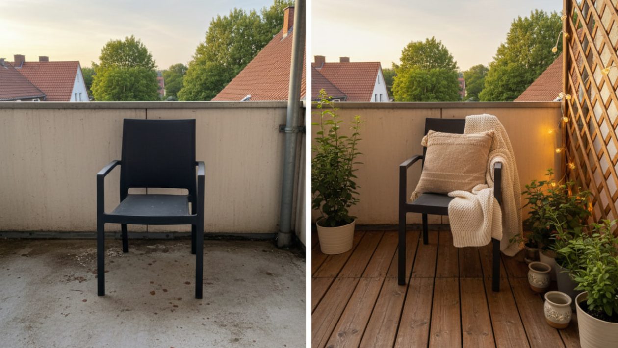 Ein einfacher Action-Gartenstuhl wird durch ein beige-farbenes Kissen und eine Lichterkette in ein luxuriöses Lounge-Möbel verwandelt.