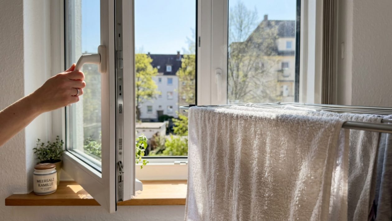 Ein geöffnetes Fenster im Frühling, vor dem ein nasses Handtuch über einem Wäscheständer hängt, um Pollen abzufangen.