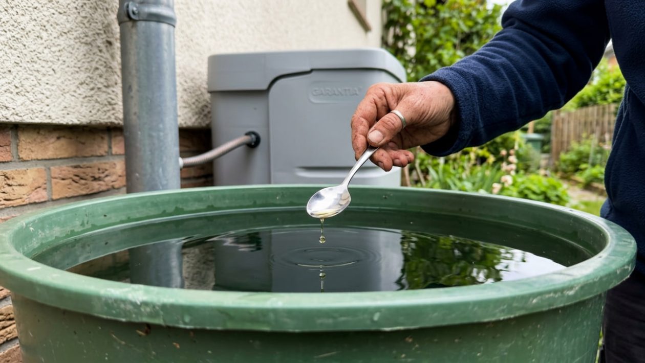 Eine Hand tropft Speiseöl in eine Regentonne, um Mückenlarven zu verhindern, im Hintergrund ein Fallrohrfilter.
