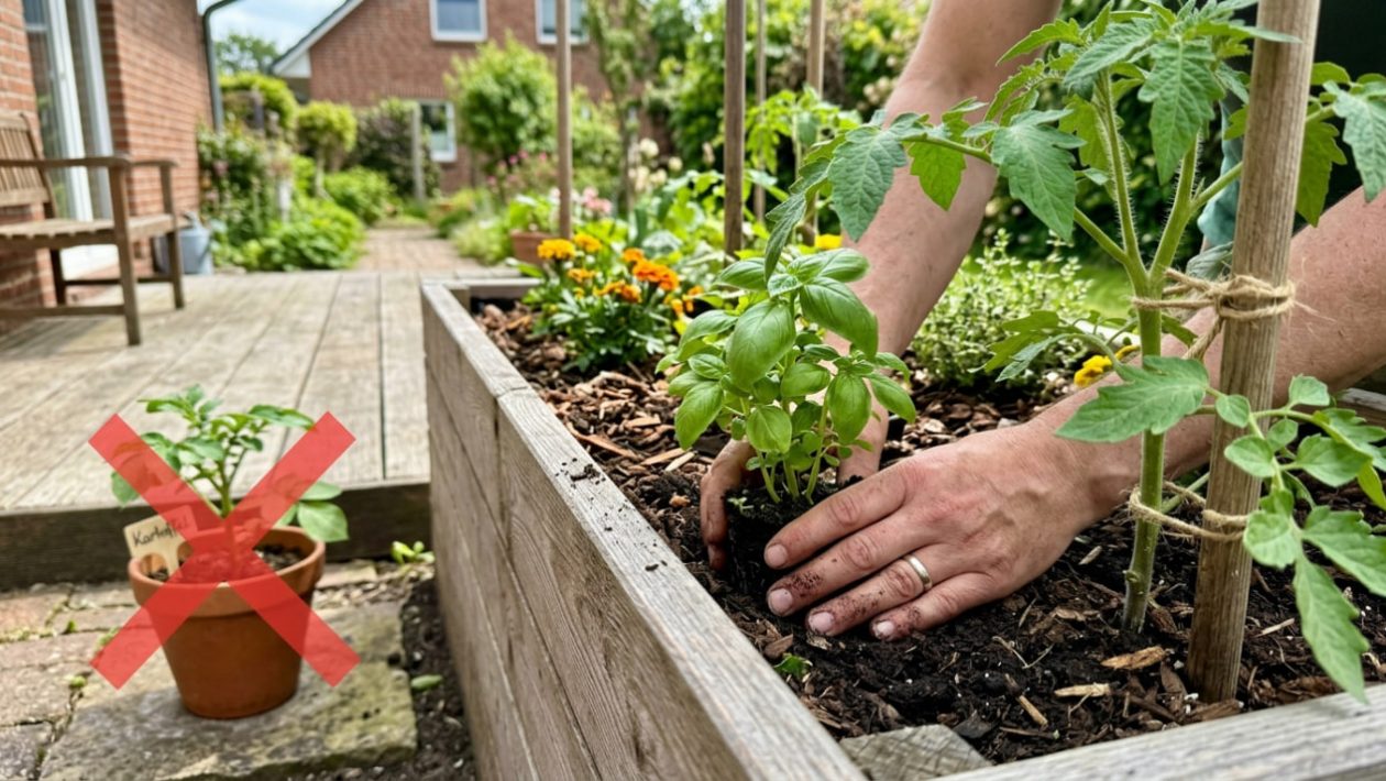 Ein Gärtner pflanzt Basilikum direkt neben eine Tomatenpflanze in ein Hochbeet, während eine Kartoffel separat steht.
