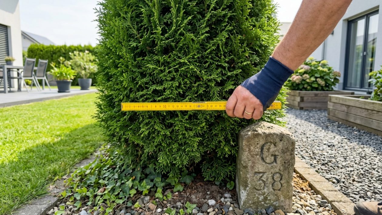 Eine Hand misst mit einem Zollstock den Abstand einer hohen grünen Hecke zur Grundstücksgrenze.