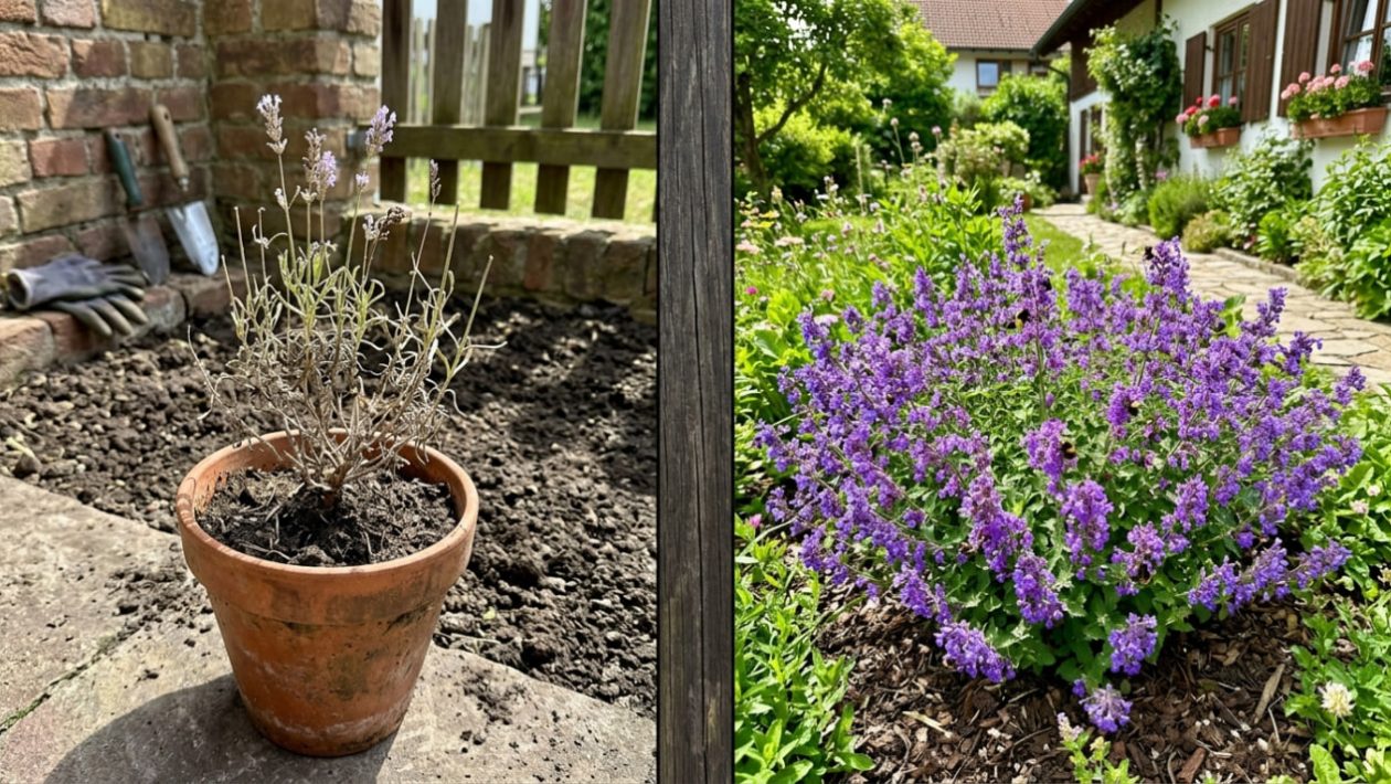 Ein kränklicher Lavendel im Vergleich zu einem riesigen, blühenden Katzenminze-Busch mit dicken Hummeln.
