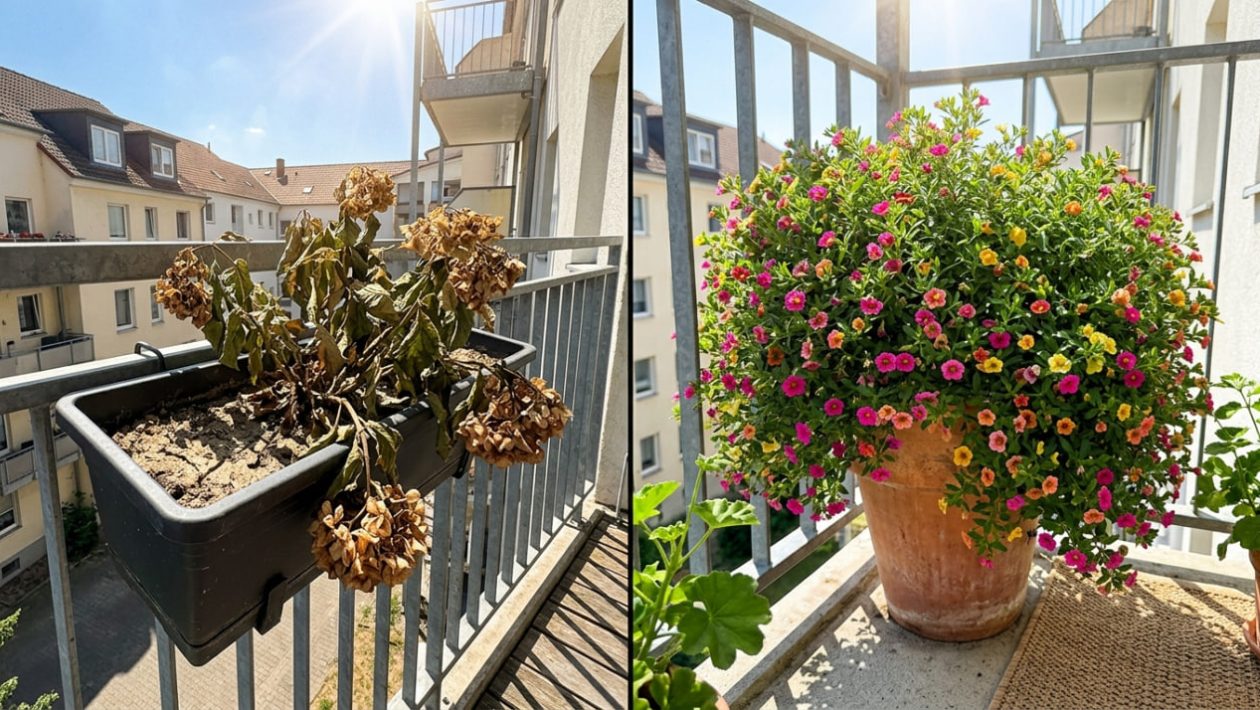 Eine vertrocknete Pflanze im schwarzen Plastikkasten neben leuchtend bunten, gesunden Zauberglöckchen im Terrakotta-Topf auf einem Sonnenbalkon.
