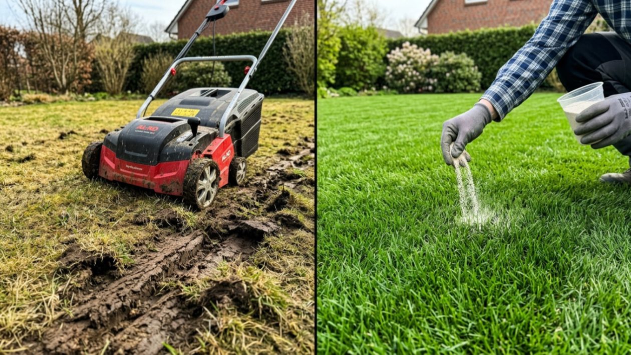 Ein tief aufgerissener Rasen neben einem gesunden Rasen, der sanft mit Sand bestreut wird.