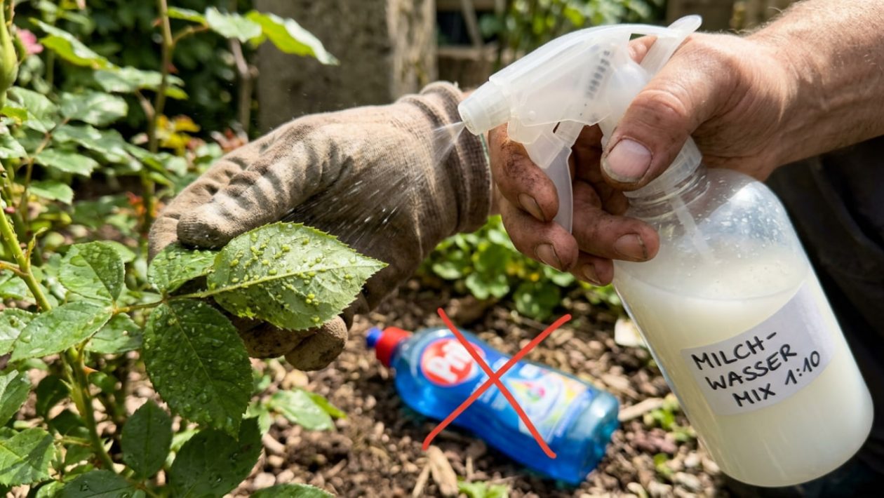 Jemand besprüht mit Blattläusen befallene Rosenblätter mit einer natürlichen Milch-Wasser-Mischung, während chemisches Spülmittel ignoriert wird.