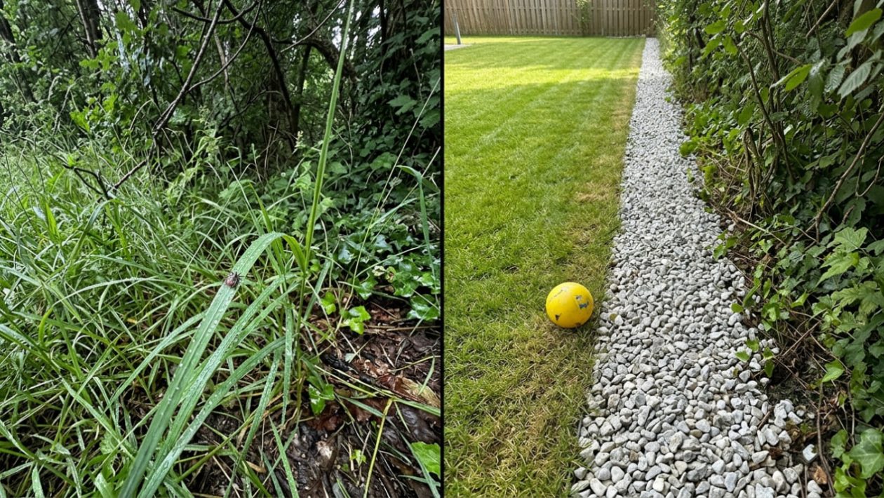 Eine Zecken-Barriere aus trockenem, weißem Kies trennt einen gepflegten Rasen von einem dunklen, feuchten Waldrand.