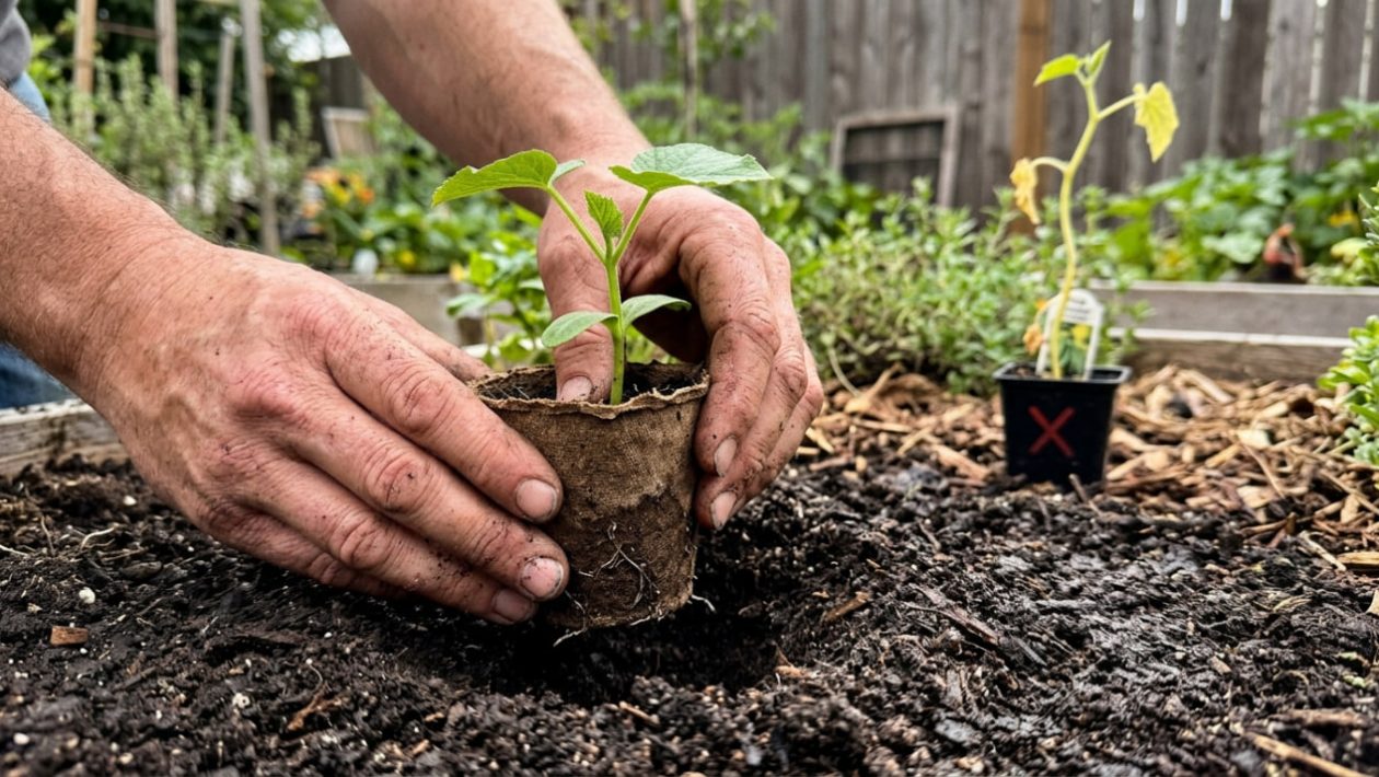 Ein Gärtner pflanzt einen Gurken-Setzling im Papptopf direkt in die Erde, um die Wurzeln zu schützen.
