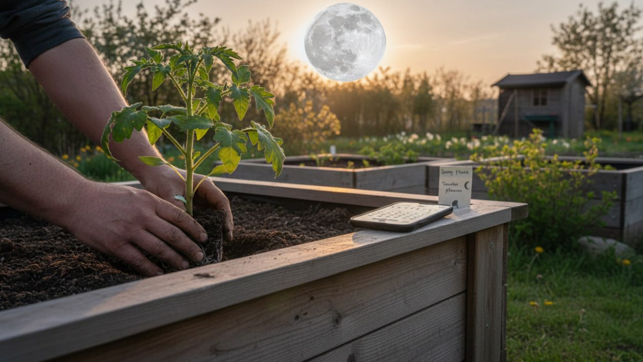 Ein Gärtner pflanzt Tomaten im Hochbeet bei Dämmerung, während ein riesiger Vollmond im Hintergrund aufgeht, Kalender zeigt Mai 2026.