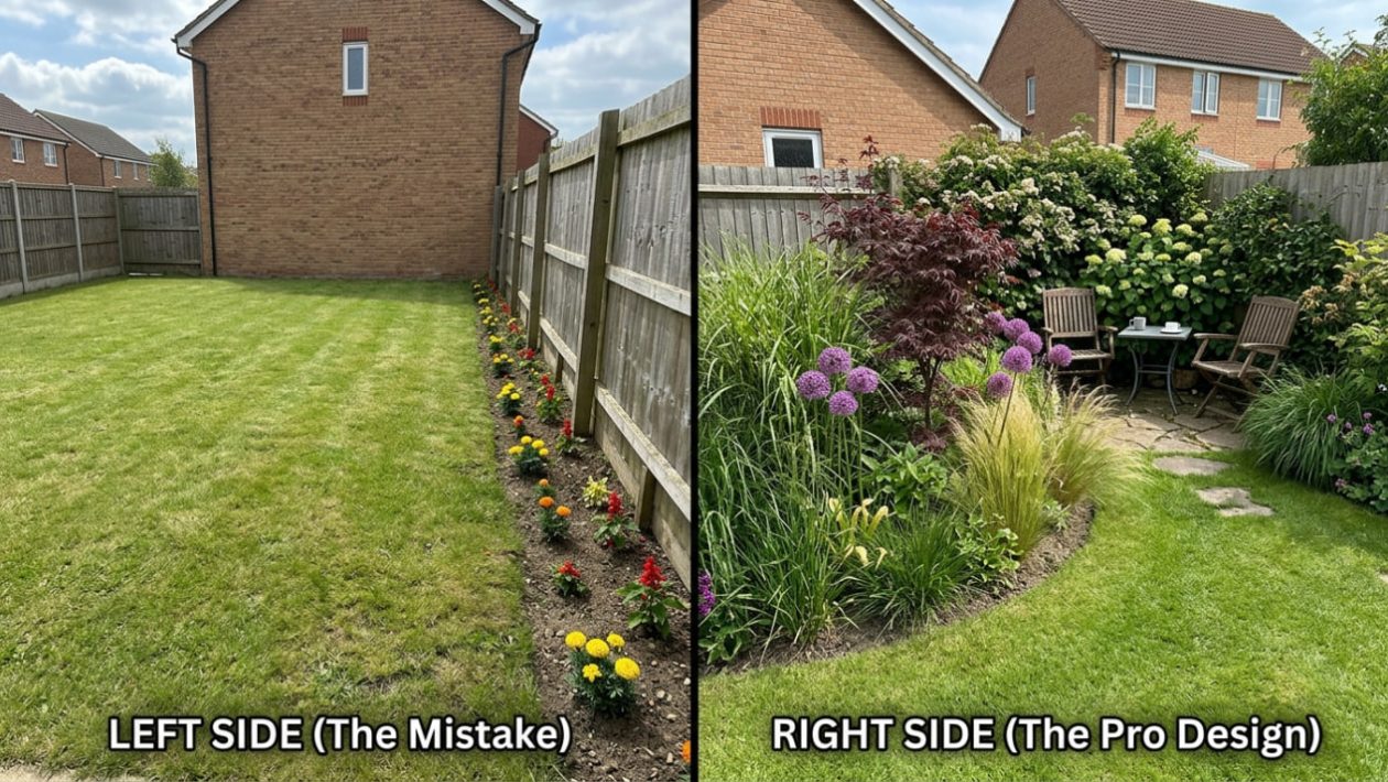 Ein langweiliger Rasen mit Randbepflanzung neben einem modernen Garten mit tiefen Inselbeeten und hohen Gräsern.