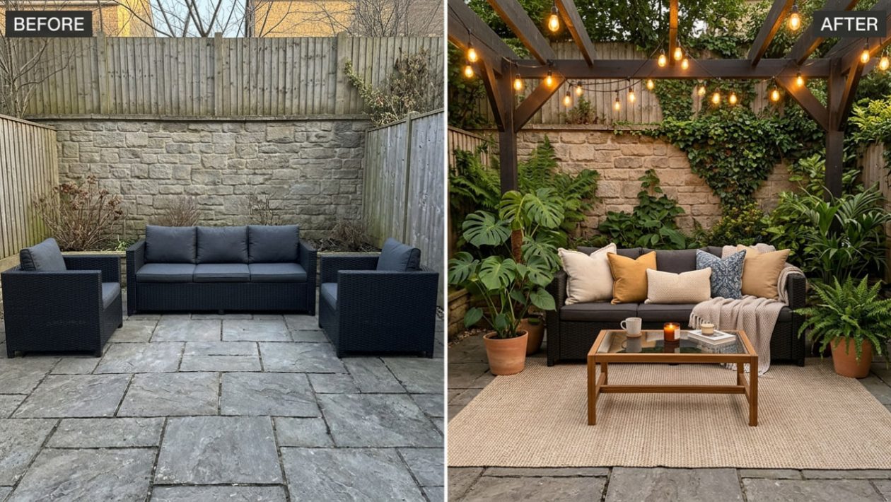 Eine kahle Steinterrasse im Vergleich zu einer gemütlichen Lounge, die durch einen Outdoor-Teppich und eine Pergola eingerahmt wird.