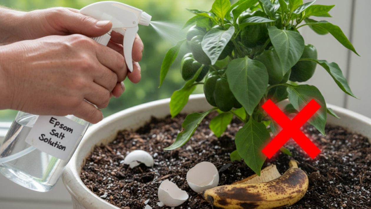 Ein Gärtner besprüht Paprikablätter mit Bittersalz-Lösung, während nutzlose Eierschalen und Bananenschalen auf der Erde liegen.