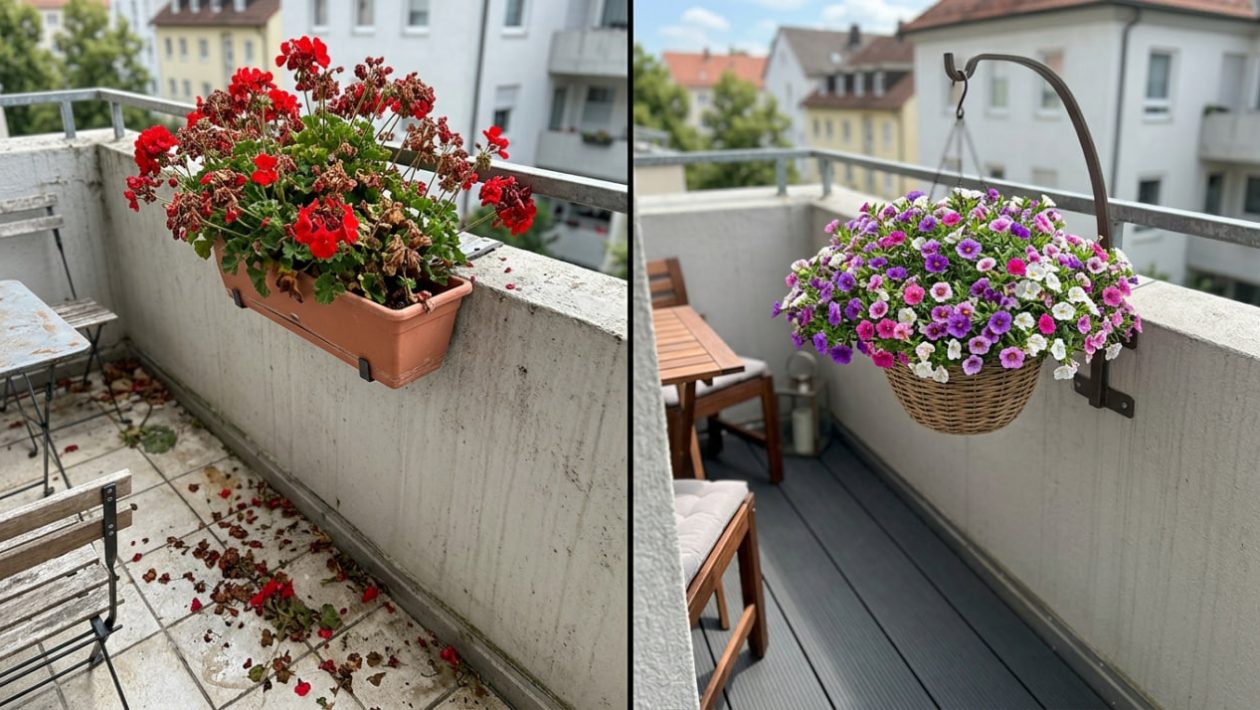 Eine schmutzende rote Geranie neben einem sauberen, üppig blühenden Korb mit violetten Zauberglöckchen auf einem Balkon.