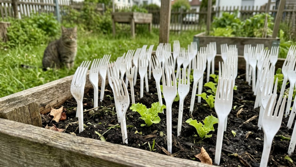Weiße Plastikgabeln stecken mit den Zinken nach oben in der Erde eines Hochbeets, um Setzlinge zu schützen.