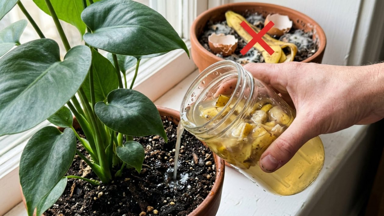 Jemand gießt eine Zimmerpflanze mit flüssigem Bananentee, während in einem anderen Topf rohe Schalen schimmeln.