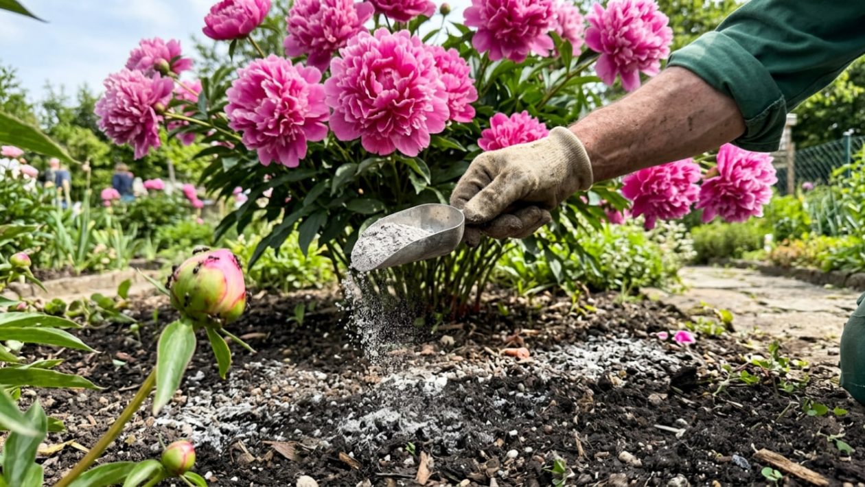 Eine Gärtnerhand streut Holzasche als Dünger unter eine riesige, blühende rosa Pfingstrose.
