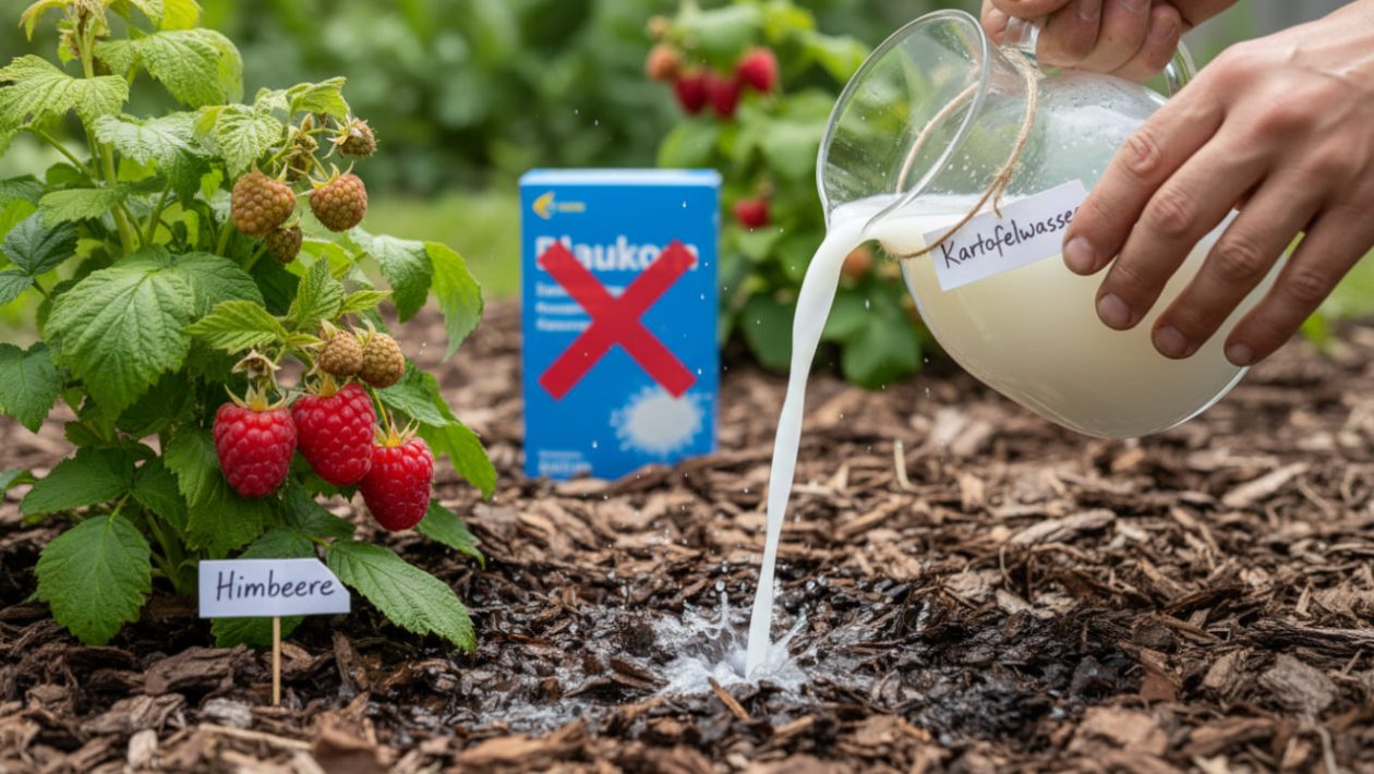 Jemand gießt eine Himbeerpflanze, die dick mit Rindenmulch abgedeckt ist, mit nährstoffreichem Kartoffelwasser.
