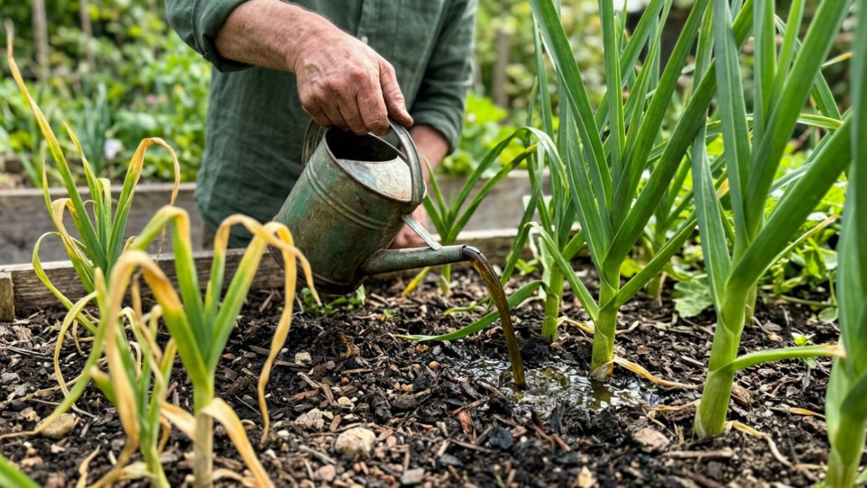 Jemand gießt Knoblauchpflanzen im Beet mit einer dunklen, biologischen Brennnesseljauche.