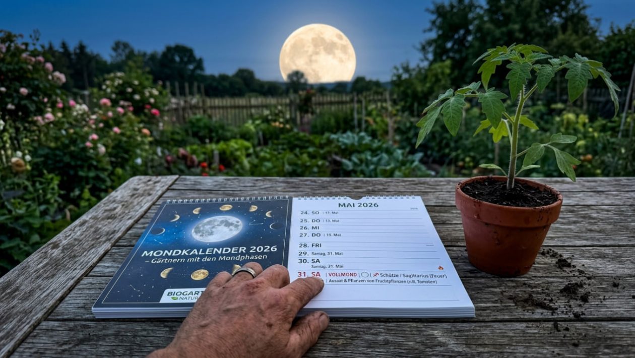 Ein Mondkalender zeigt den 31. Mai mit dem Sternzeichen Schütze, daneben steht ein Tomaten-Setzling im Mondlicht.