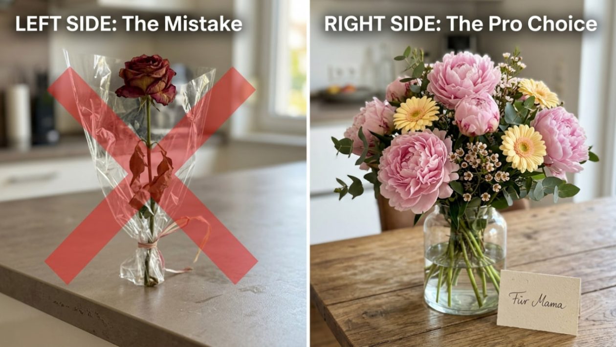 Eine billige rote Rose im Plastikpapier im Vergleich zu einem prächtigen Strauß aus rosa Pfingstrosen auf einem Tisch.