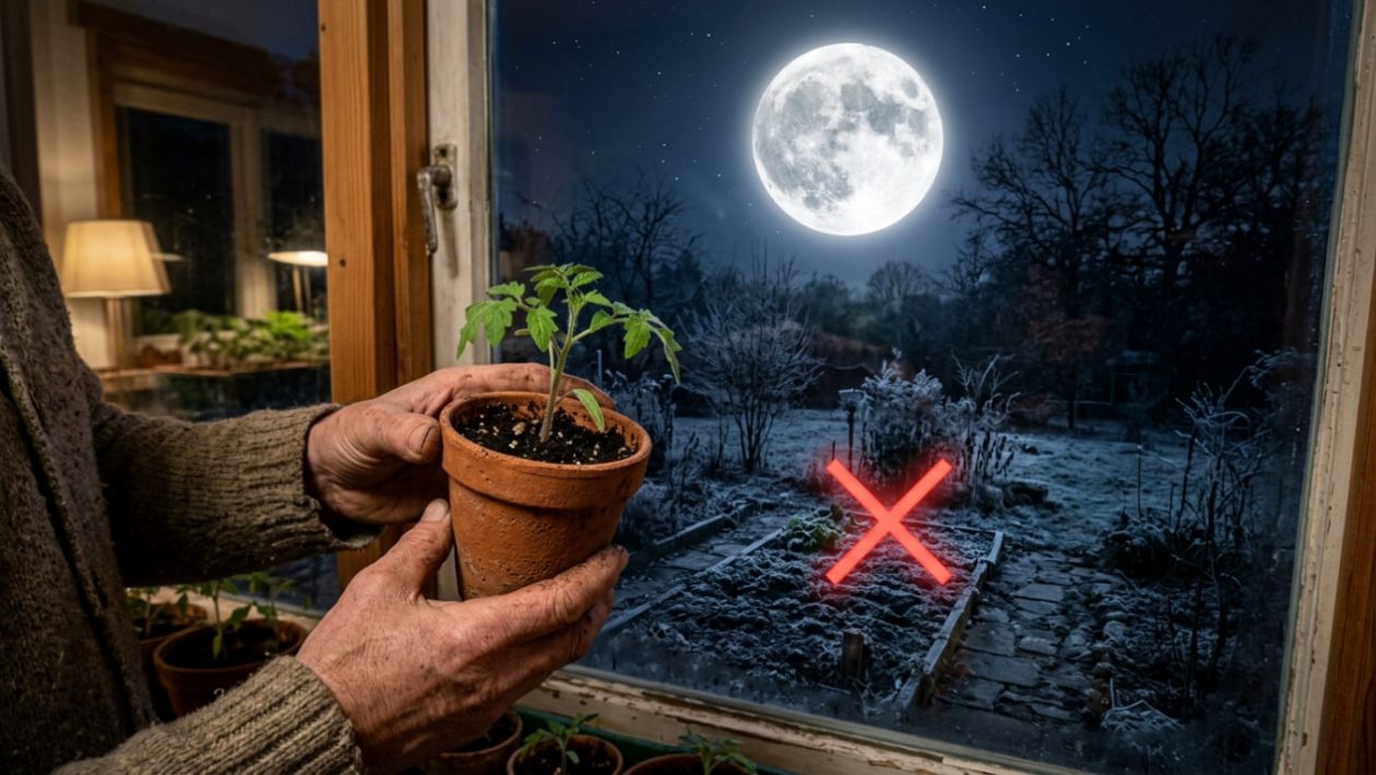 Ein Tomaten-Setzling steht sicher drinnen am Fenster, während draußen der Vollmond über einem kalten Garten scheint.