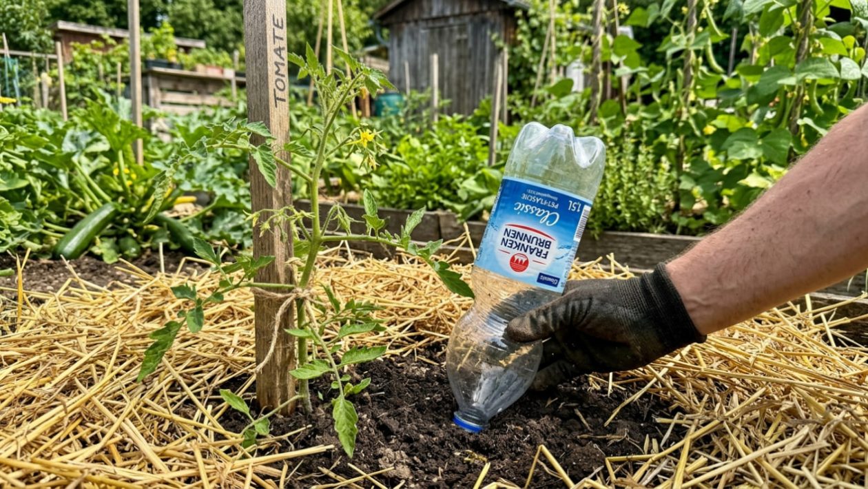 Eine umgedrehte Plastikflasche wird neben einer Tomatenpflanze im gemulchten Beet als Wasserspeicher eingegraben.