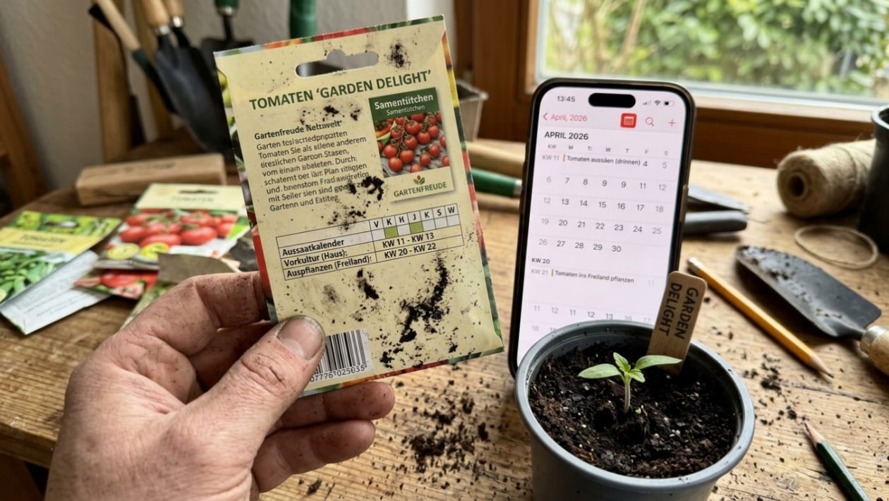 Eine Hand vergleicht die Aussaat-Zeiten auf einem Samentütchen mit einem digitalen Kalender für 2026.