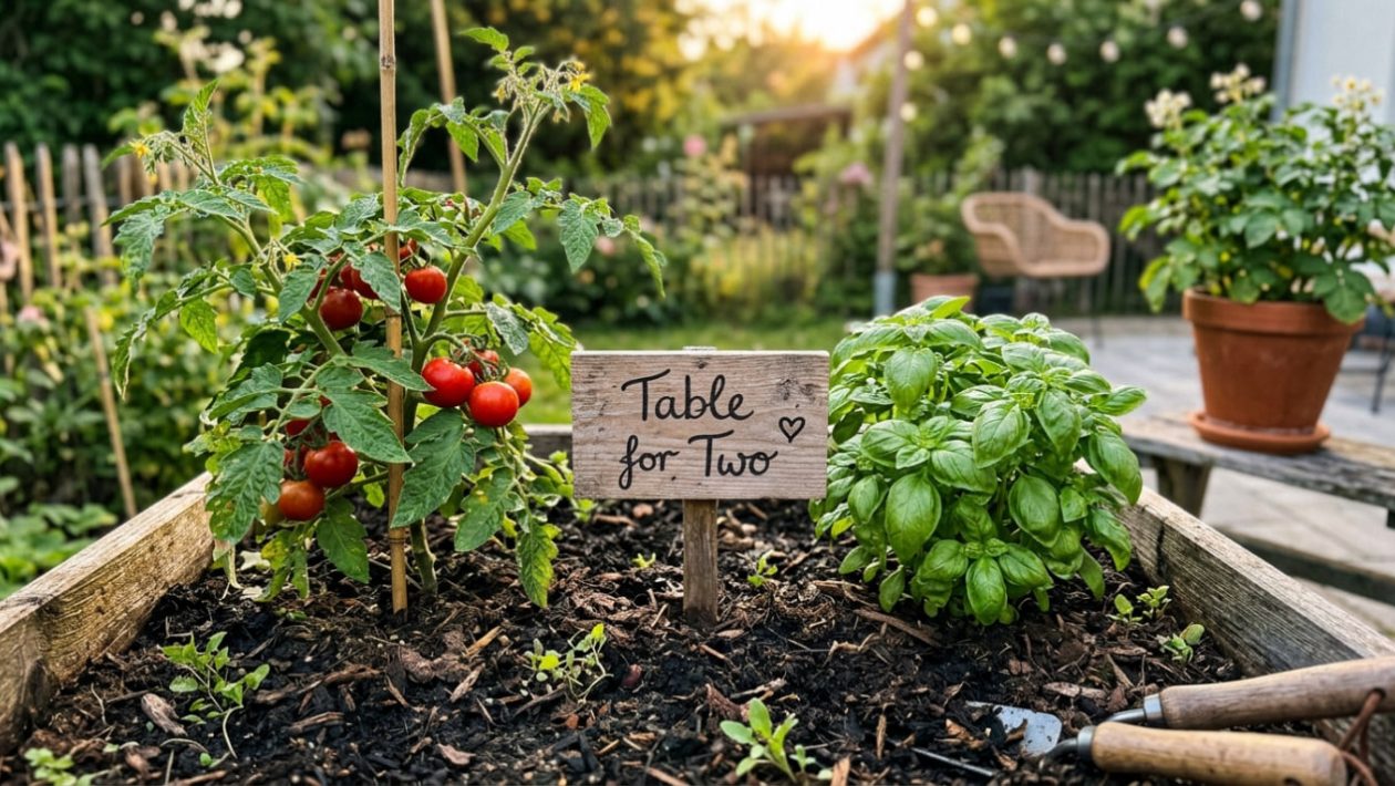 Eine Tomatenpflanze und ein Basilikum wachsen eng zusammen in einem Hochbeet, wie bei einem perfekten Date.